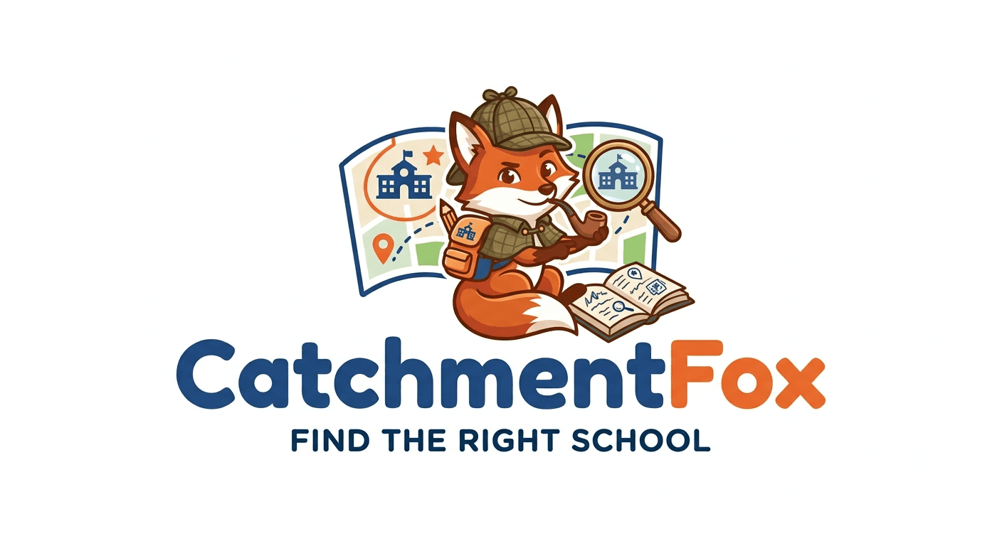 CatchmentFox: a fox explorer with a school map, magnifying glass and admissions guide